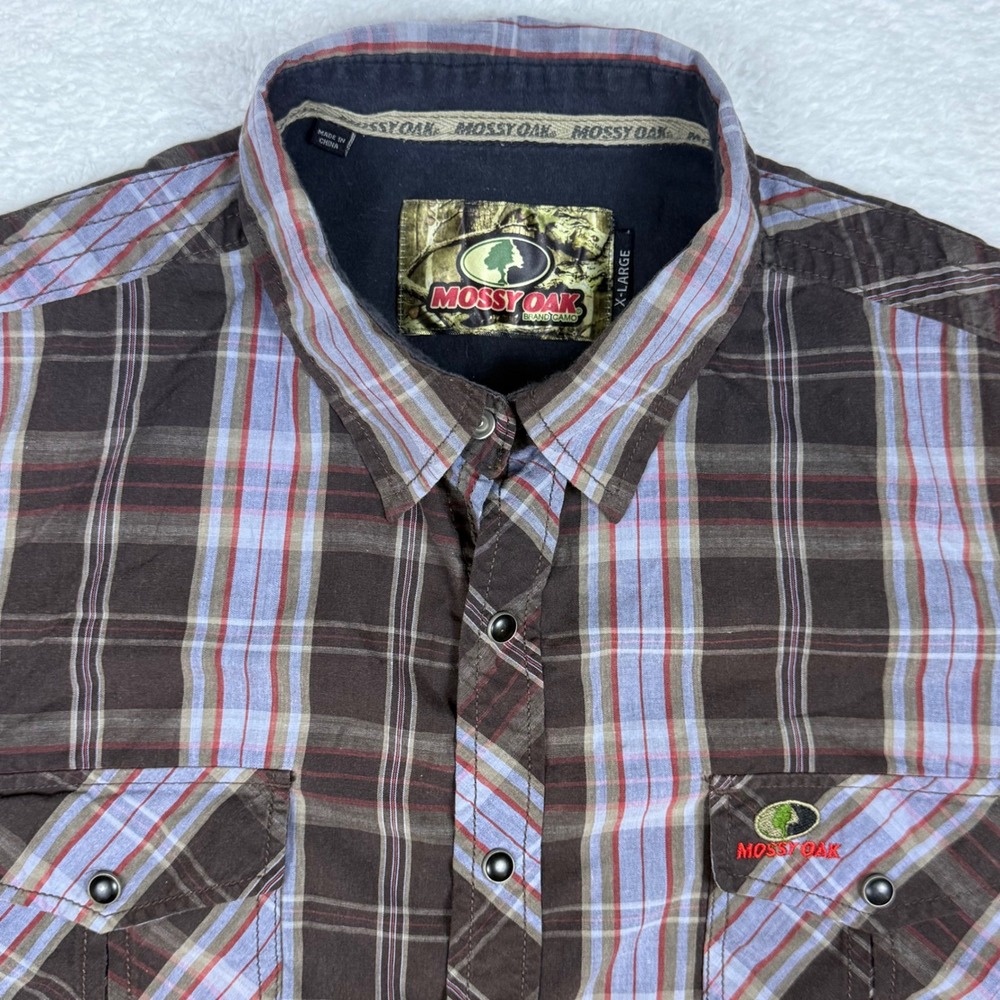 Mossy Oak Mens Plaid Pearl Snap Shirt Long Sleeve Brown Outdoors XL‎